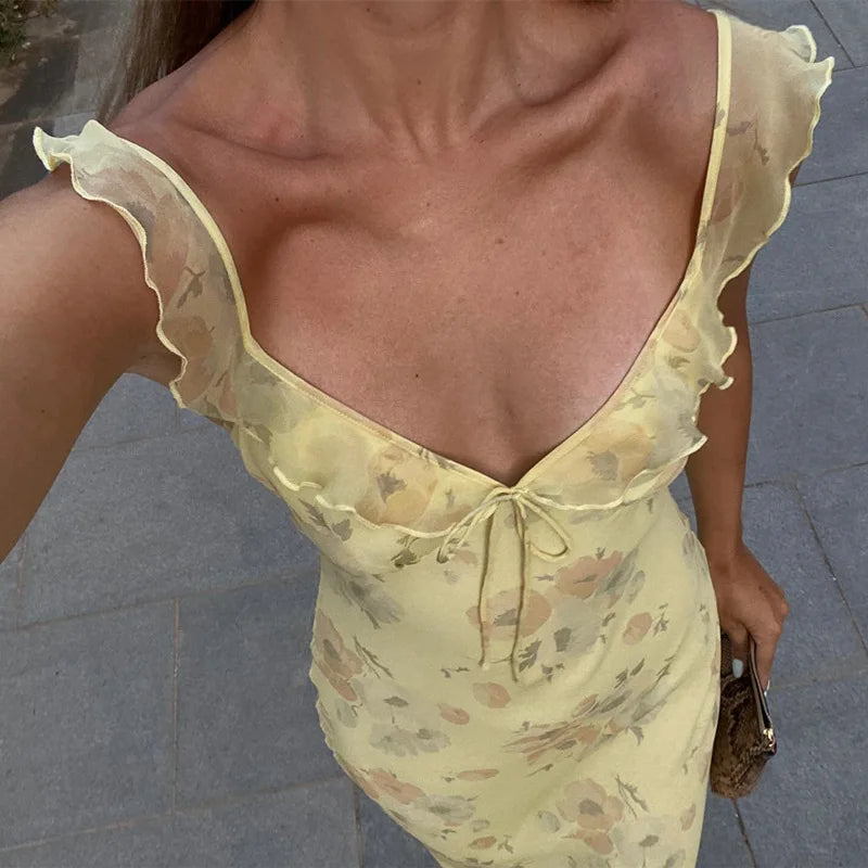 Cryptographic Summer Floral Print Plunge Maxi Dress Outfits Sexy Backless Fairy Sun Dresses Vacation Beachwear Vestido Coquette