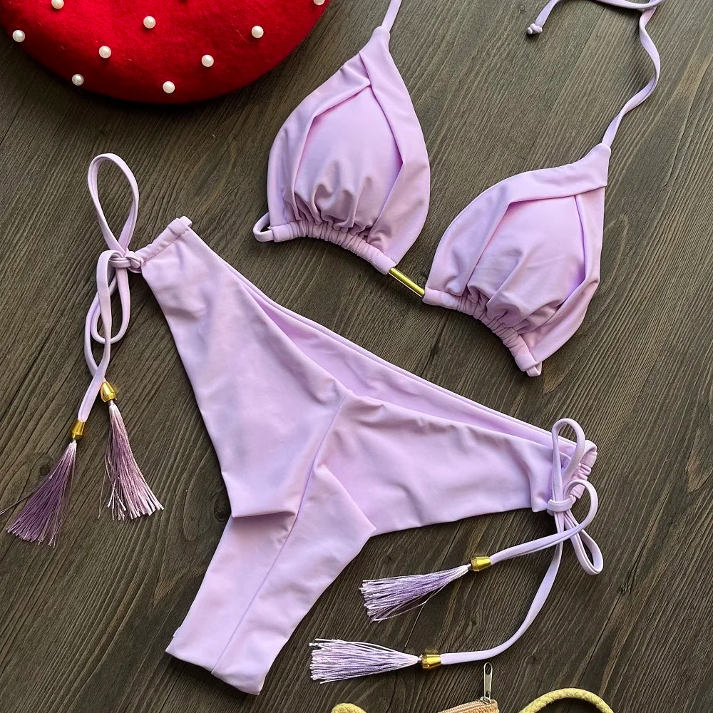 2025 New Sexy Triangle Bathing Suit for Women Brazilian Bikinis Halter Swimwear Push Up Swimsuit Metal Chain Beach Bikini Set