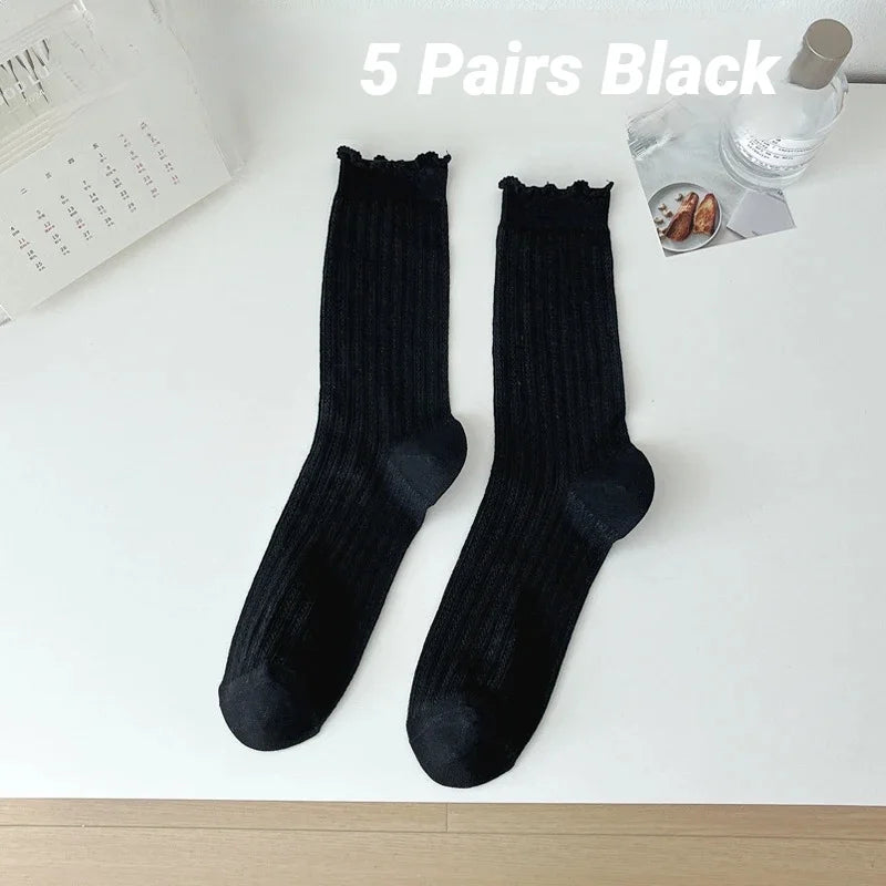 Women Solid Color Mesh Mid Tube Socks Spring Summer Thin Lightweight Breathable Wavy Edge Ballet Style Casual Hollo