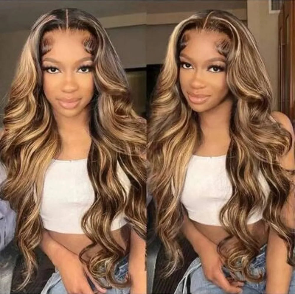 13x4 HD Highlight Body Wave Lace Front Wigs Human Hair For Women Glueless Pre Plucked 4/27 Colored 200% Density With Baby Hair