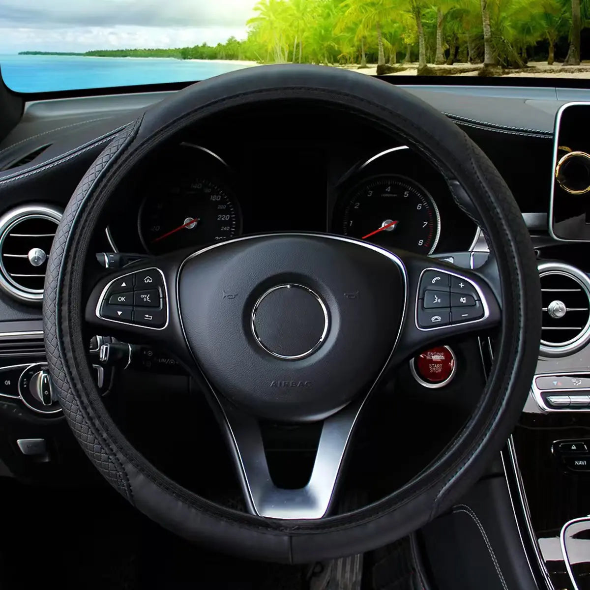 Artificial Leather Three-dimensional Embossed-car without Inner Ring Steering Wheel Cover Auto Parts for 14.5-15 Inches