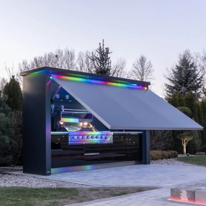 Customized outdoor kitchen in black appearance, affordable cost and stainless steel canopy included