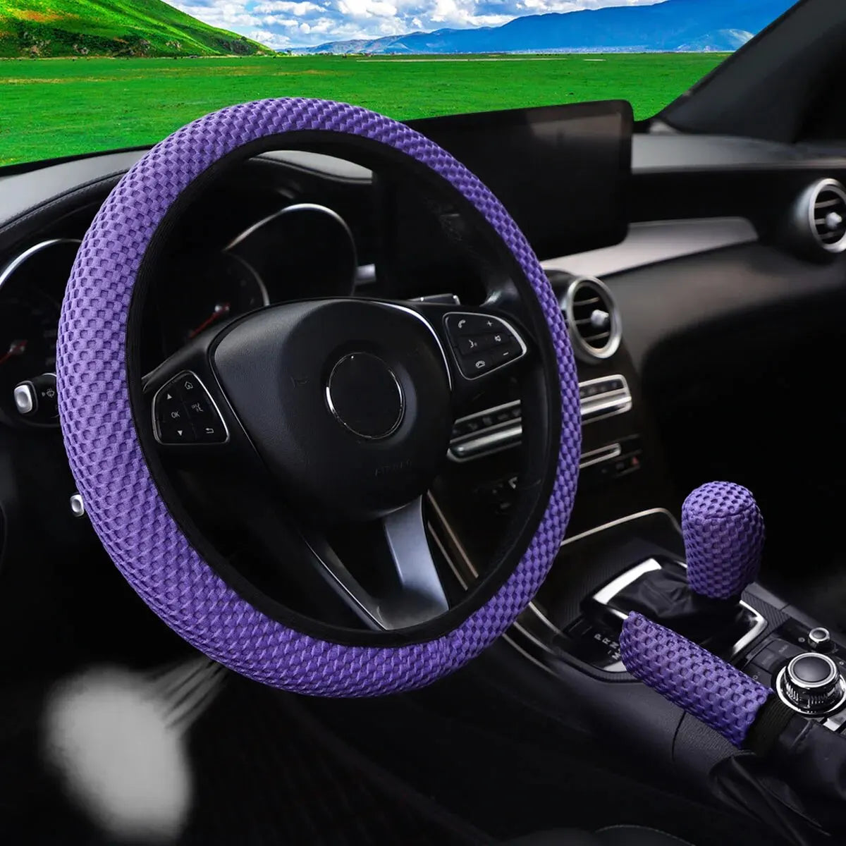 3 Car Massage Mesh Cloth Steering Wheel Cover Handbrake & Handle Cover Set Breathable No Inner Ring for 14.5-15 Inch Accessories