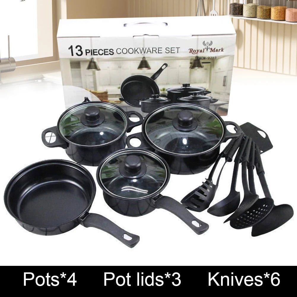 12Pcs Non Stick Cookware Set Cooking Pot with Lid Deep Frying Pan Milk Pot Maifan Stone Frying Pan for All Types of Cooker