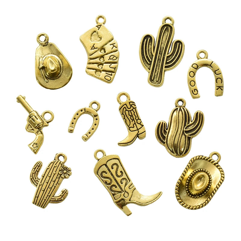 11pcs Mixed Antique Silver Western Cowboy Charms Alloy Boot Gun Hat Pendants For DIY Bracelet Earrings Necklace Jewelry Making