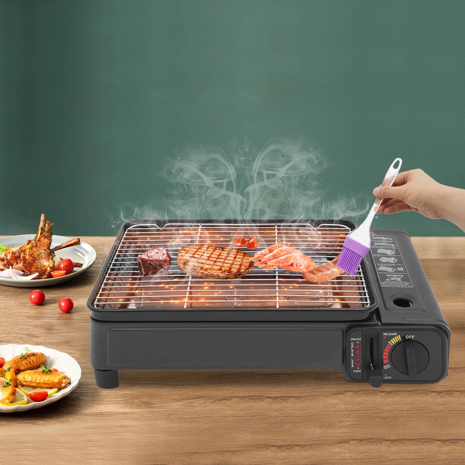 Gas Barbecue Grill, Butane LPG Stove 2.2KW Power, Camping Gas Stove Tabletop with Grilling Nets, Double-row Firepower Tubes