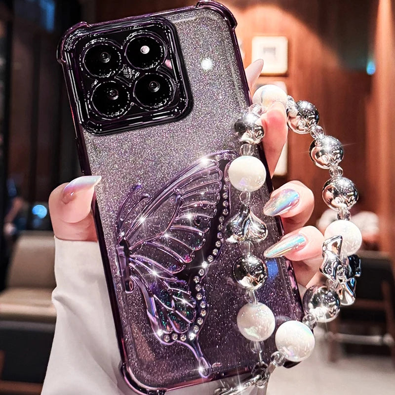 Shockproof Plating Glitter Butterfly Bracket Bracelet Case for Xiaomi 17 Pro Max Xiaomi17 13T 14T 15T Pro 15 Ultra Stand Cover