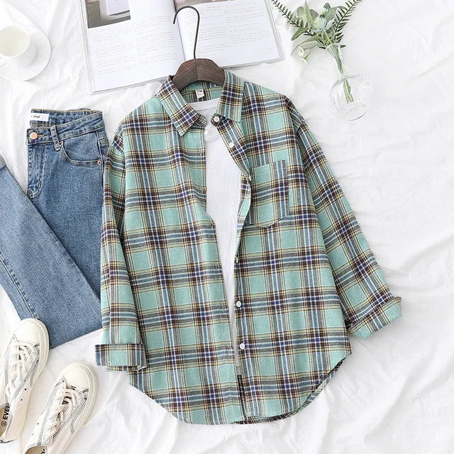 Casual Women's Plaid Shirt 2025 Spring Autumn New Ladies Loose Blouse and Tops Female Long Sleeve Shirts Fresh Checked Clothes