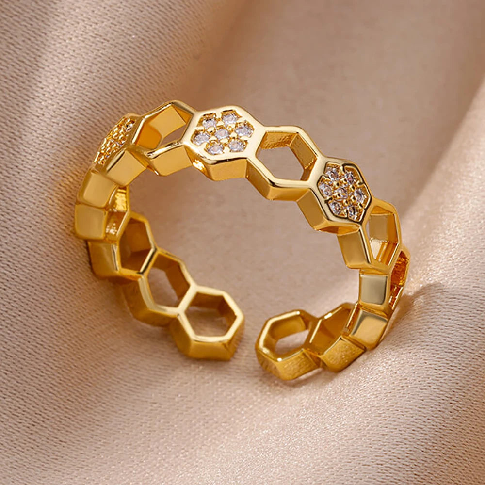Fashion Chain Hollow Out Rings For Women Gold Color Stainless Steel Zircon Cross Open Ring Trendy Wedding Aesthetic Jewerly Gift