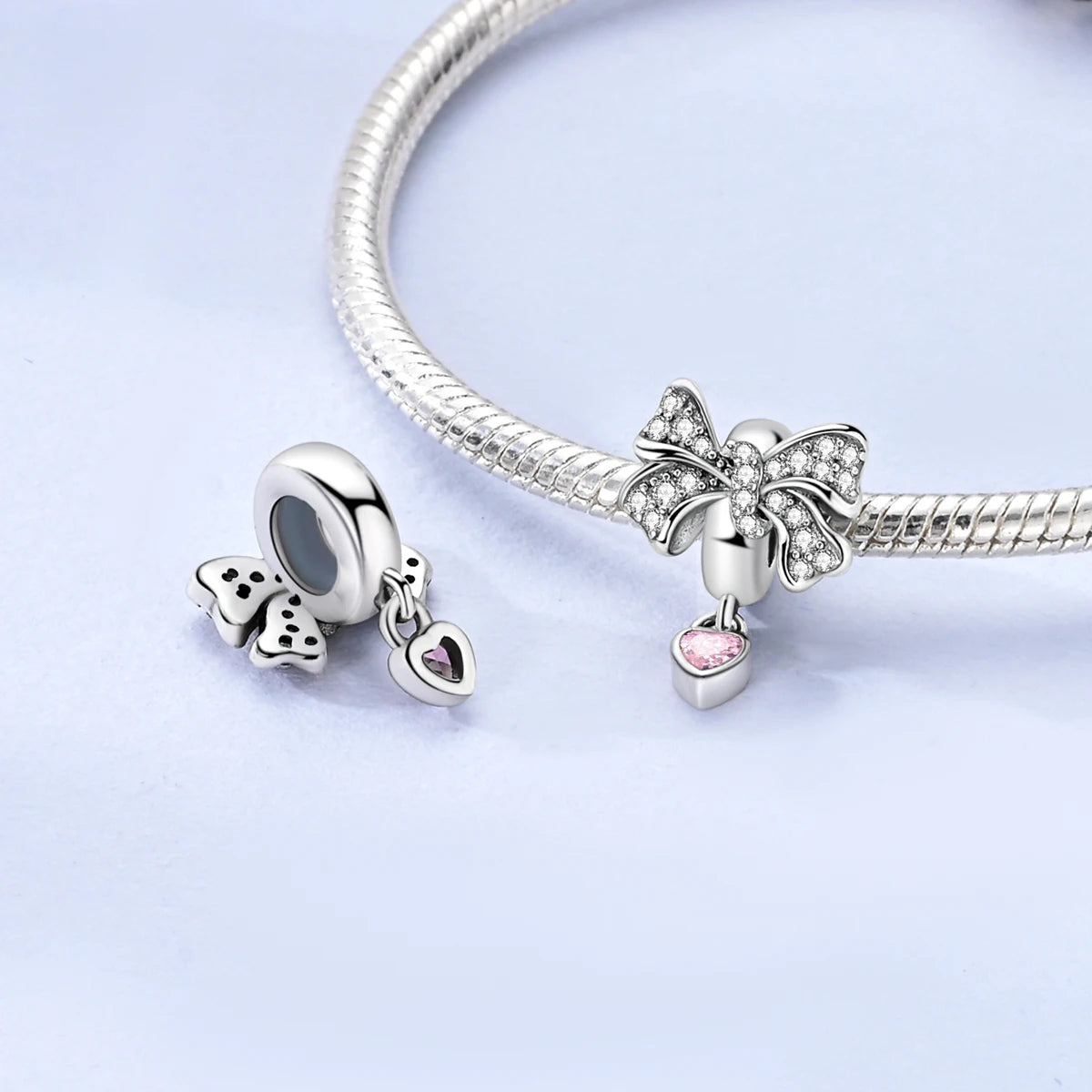 Silver Bow Charms 925 Sterling Silver Pink Heart-shaped Bow Pendants Charms Beads Fit Original S925 Bangle Bracelets DIY Jewelry