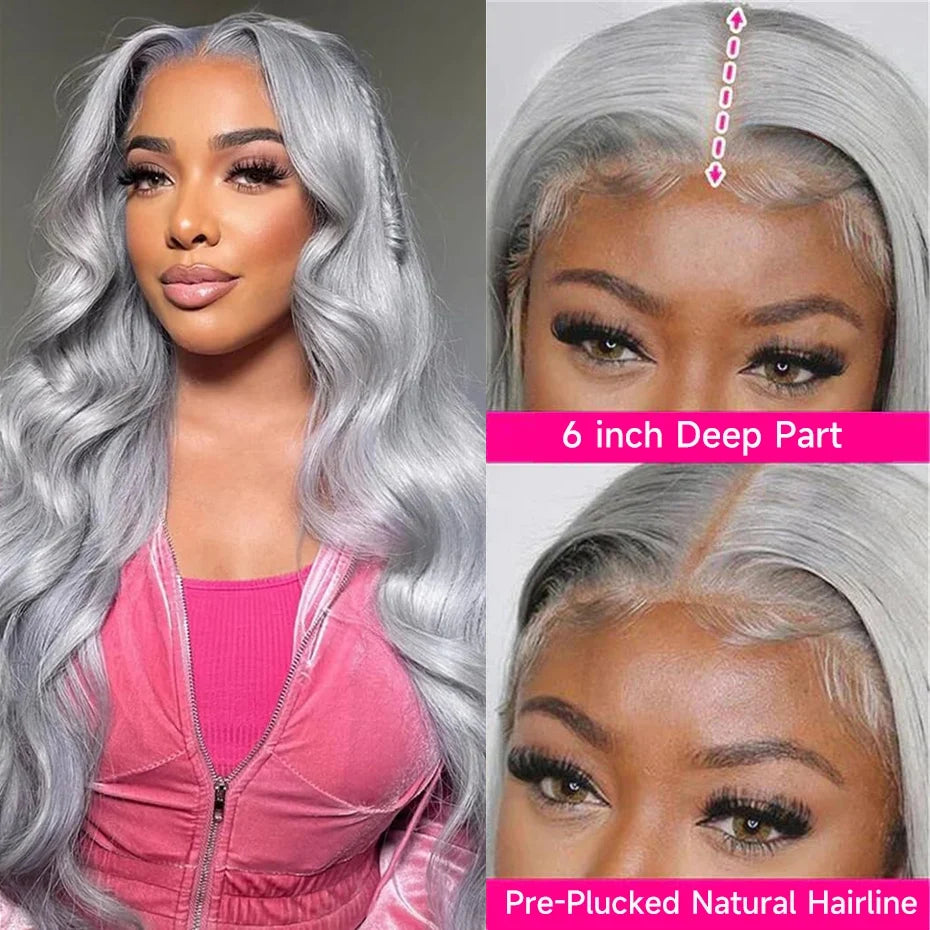 Silver Grey Brazilian Human Hair Wig 13X6 HD Transparent Lace Front Pre Plucked 28 32 Inch 200% Density Body Wave Wigs For Women
