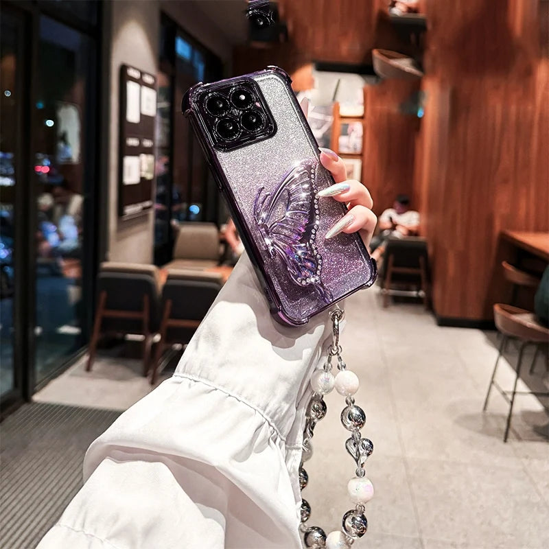 Shockproof Plating Glitter Butterfly Bracket Bracelet Case for Xiaomi 17 Pro Max Xiaomi17 13T 14T 15T Pro 15 Ultra Stand Cover