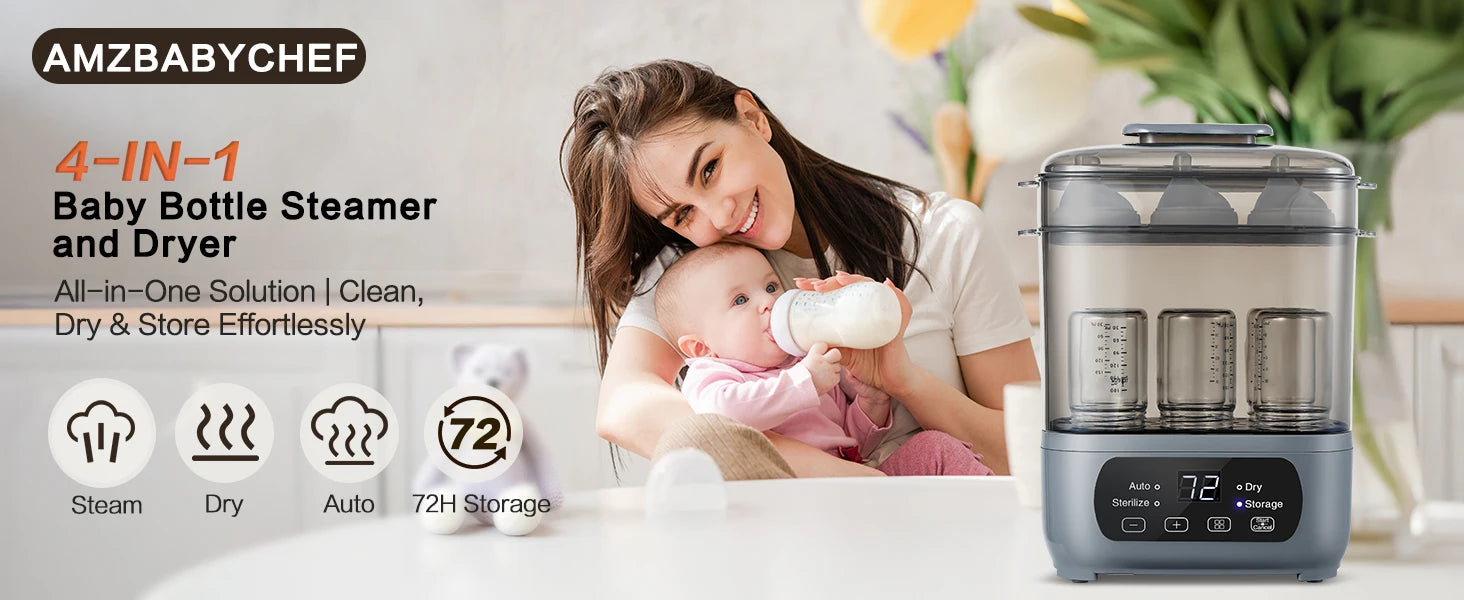 4-in-1 72H Storage, 30-Min Dry, 6 Bottles + Accessories,99.99% Germ-Free‌ Baby Bottle Sterilizer & Dryer