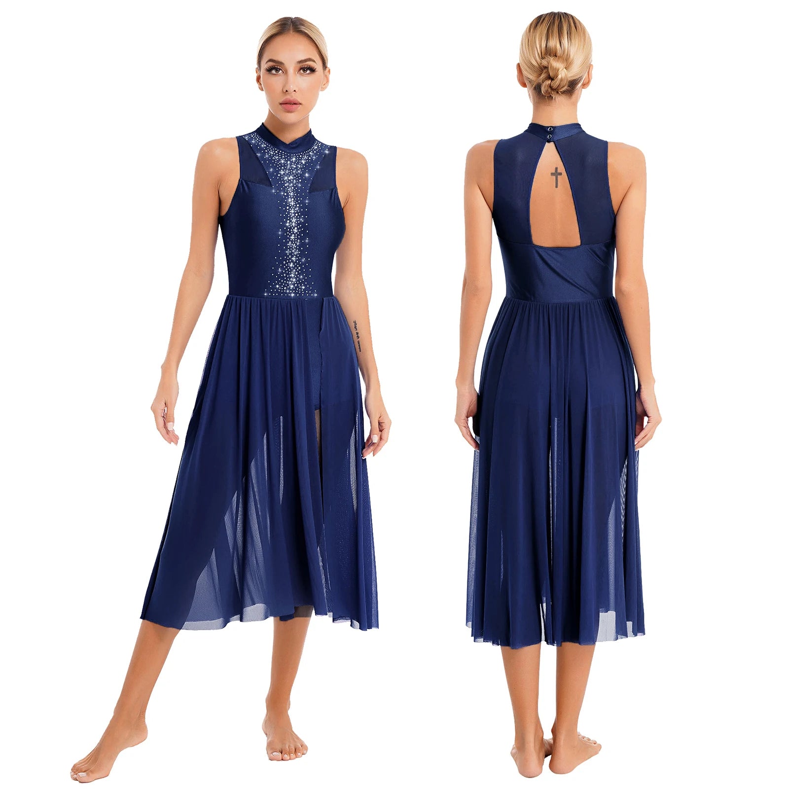 Womens Ballet Lyrical Dance Dress Cutout Back Full Length Overlay Leotard Costume Latin Rumba Tango Maxi Dress Long Dancewear