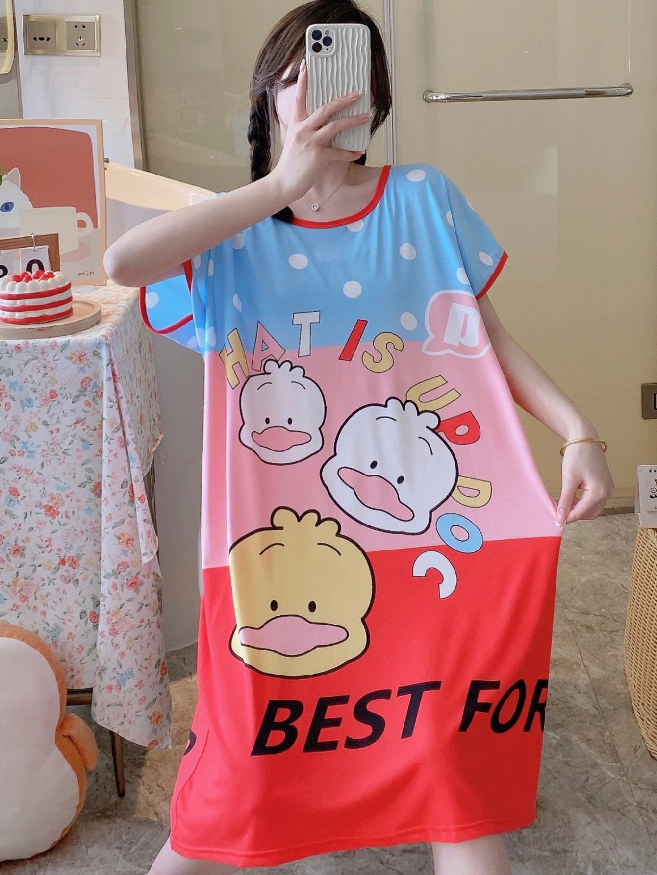 1PC, Summer And Autumn Cool Cute Girls Cartoon Nightdress, Comfortable Short-sleeved Dress, Women's Home Wear, Polyester Pajama