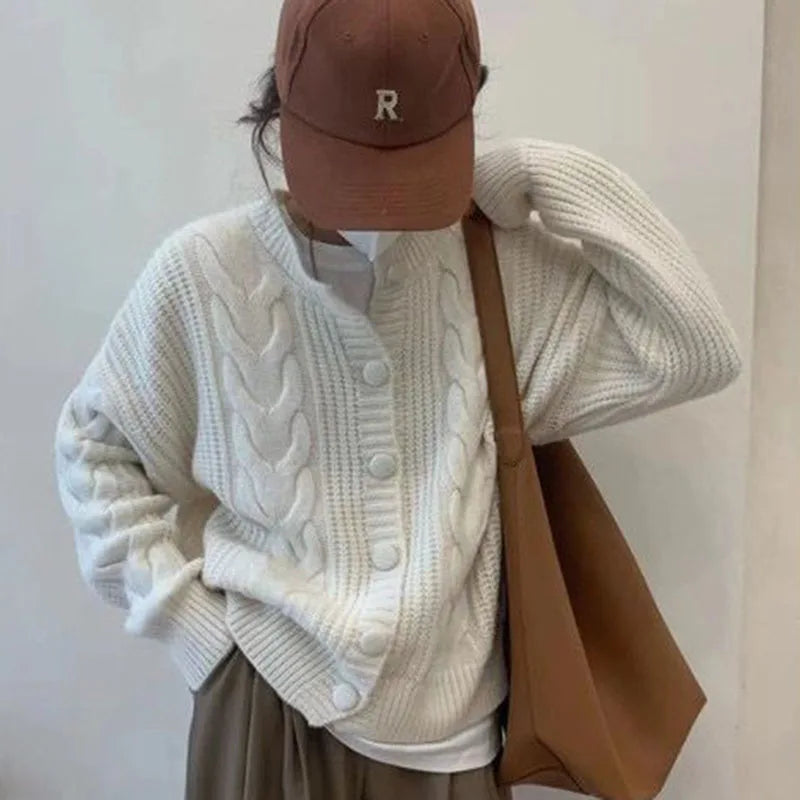 Autumn Twist Knitted Cardigan Womem Winter Thicken Warm O Neck Sweater Jacket Female Solid Button Up Long Sleeve Crop Knitwear