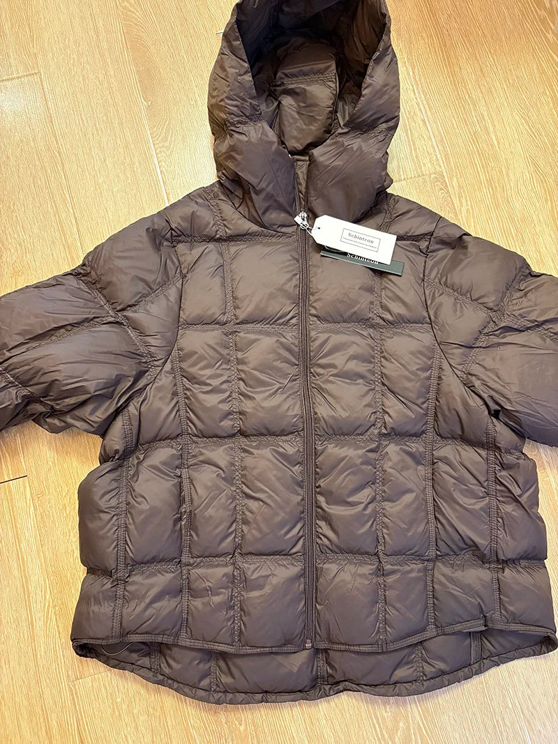 Schinteon Women Light White Down Jacket with Hood Loose Over Size Casual Autumn Winter Outwear Square Warm Short Coat 2026 New