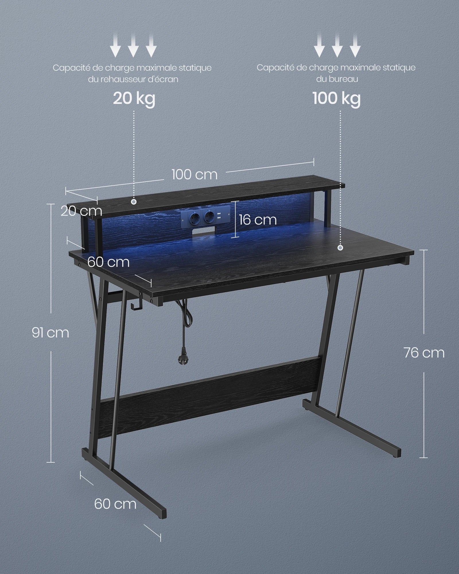 Gaming Desk with LED and Power Strip, with Monitor Riser, for 2 Computers, 100 x 60 x 76 cm, Wood Black