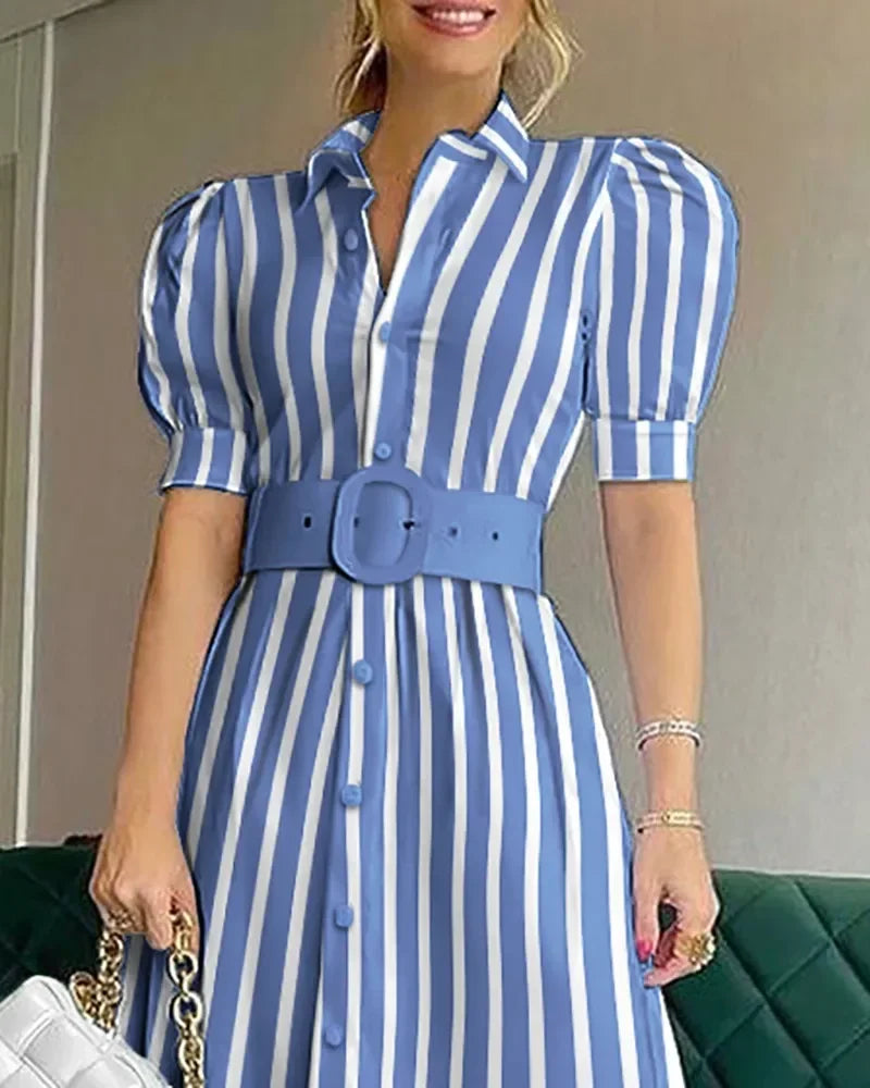 High Waist Temperament Solid Color Mid Length Skirt robe Slim Fit Bubble Sleeve Dress With Belt Robe 2024 Spring Womem Clothing