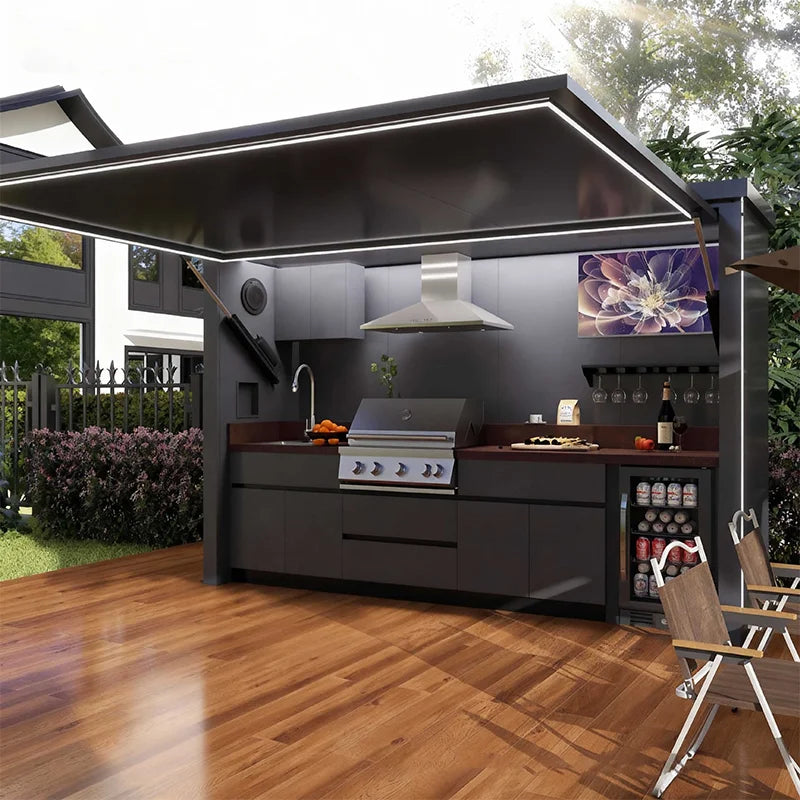 Customized outdoor kitchen in black appearance, affordable cost and stainless steel canopy included