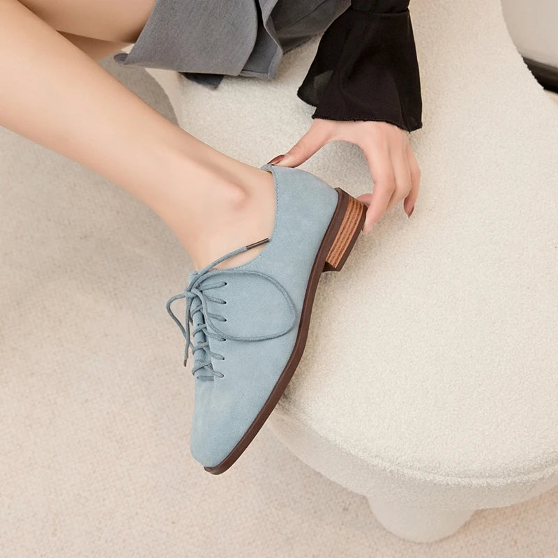 Women Loafer Lace-up 2025 New Spring Shoes Women Suede Genuine Leather Women Oxford Shoes Large Size British Style Women Shoes