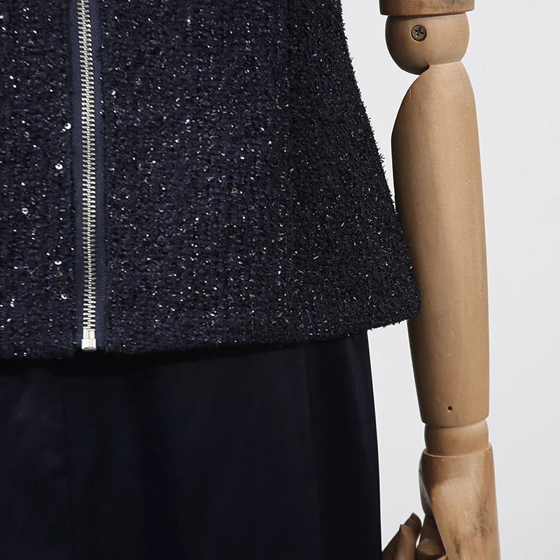 VGH Chic Two Piece Sets for Women Stand Collar Short Sleeves Spliced Pocket Tweed Top High Waist Maxi Skirts Vintage Suit Female