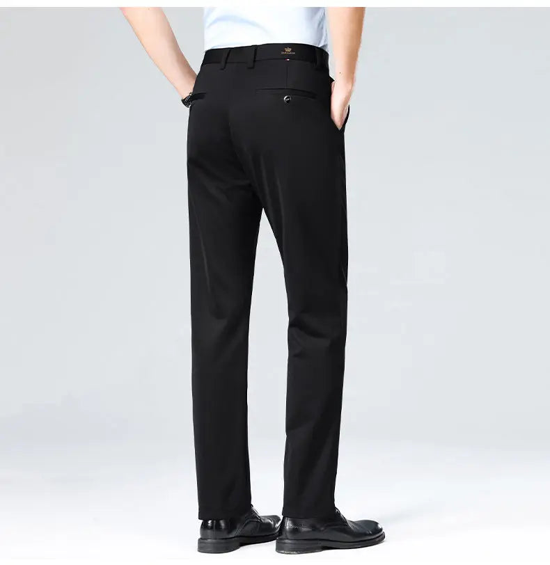 High-stretch fabric men's business trousers suitable for all seasons, featuring an elastic waistband and classic office/work for