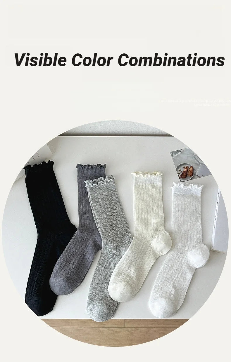 Women Solid Color Mesh Mid Tube Socks Spring Summer Thin Lightweight Breathable Wavy Edge Ballet Style Casual Hollo