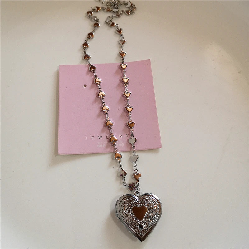Goth Y2k Aesthetic Heart Locket Pendant Open Female Silver Color Stainless Steel Photo Frame Charm Necklace Women EMO Jewelry