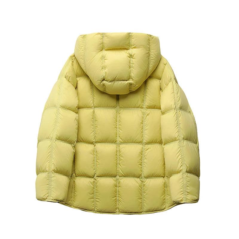 Schinteon Women Light White Down Jacket with Hood Loose Over Size Casual Autumn Winter Outwear Square Warm Short Coat 2026 New