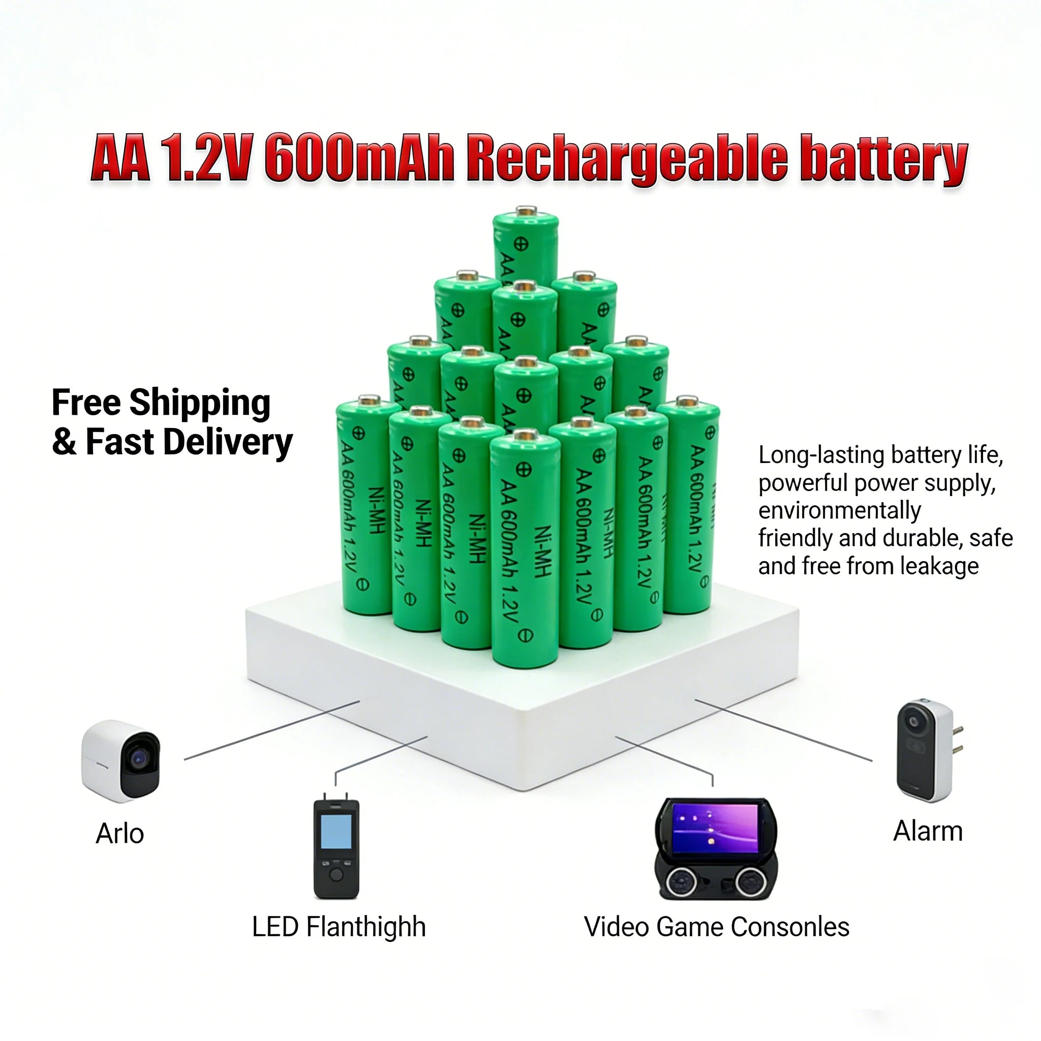 1.2V AA 600mAh Ni-MH Rechargeable Battery High Capacity Cell for Solar Garden Lights, Clock, Electric Shaver, Mouse