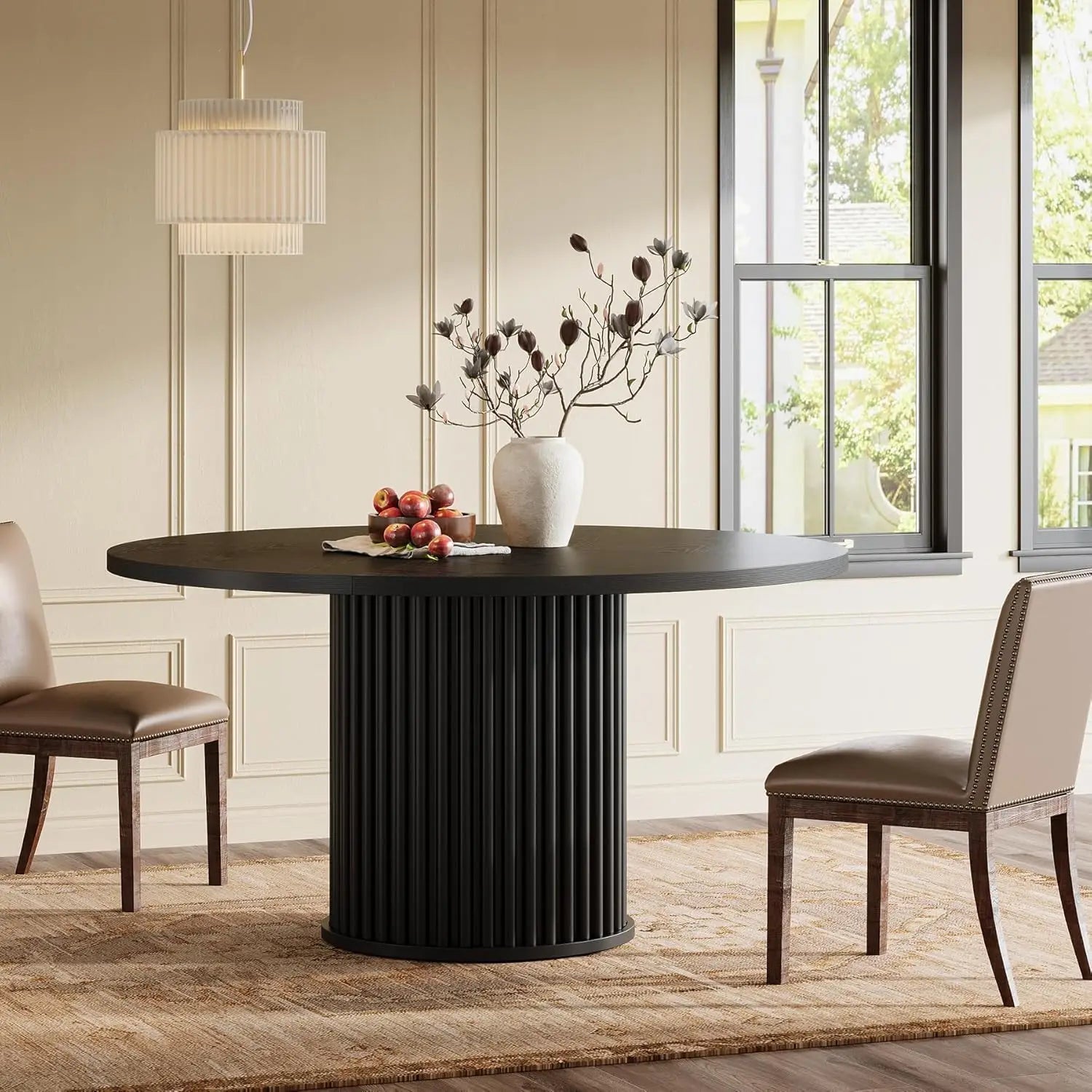 Round Dining Table,Black Dining Table for 4 People, Dining Room Table with Sturdy Metal Frame, Modern Dining Room Furniture