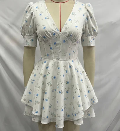 Women Floral Print Mini Dress V-neck Balloon Sleeve Keyhole Detail Tiered Ruffle Hem Dresses 2026 New Summer Holiday Party Gowns