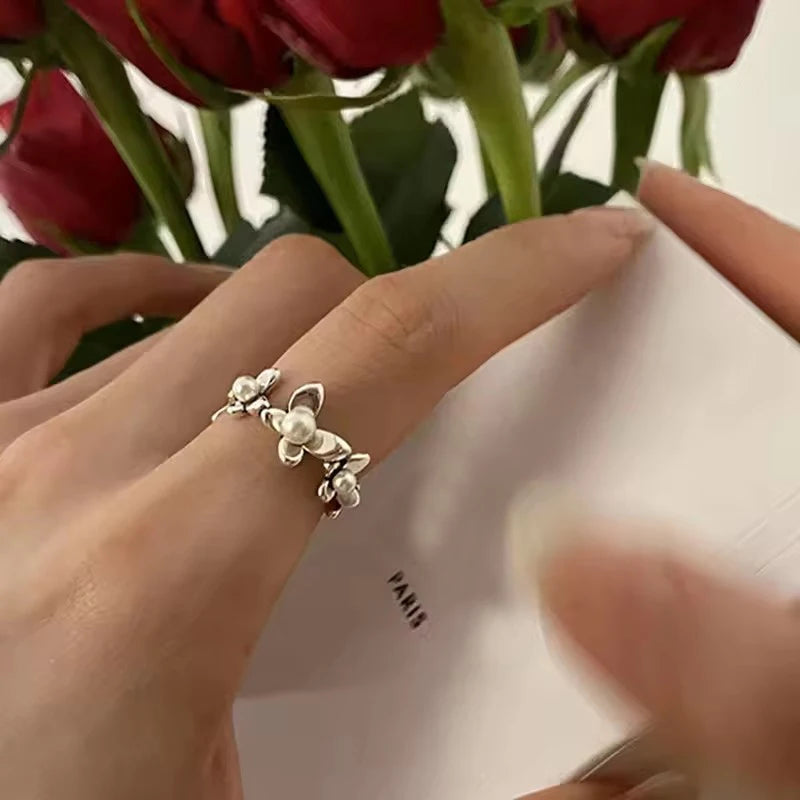 925 Sterling Silver Metal Flower Shell Geometric Rings For Women French Retro Romantic Open Thai