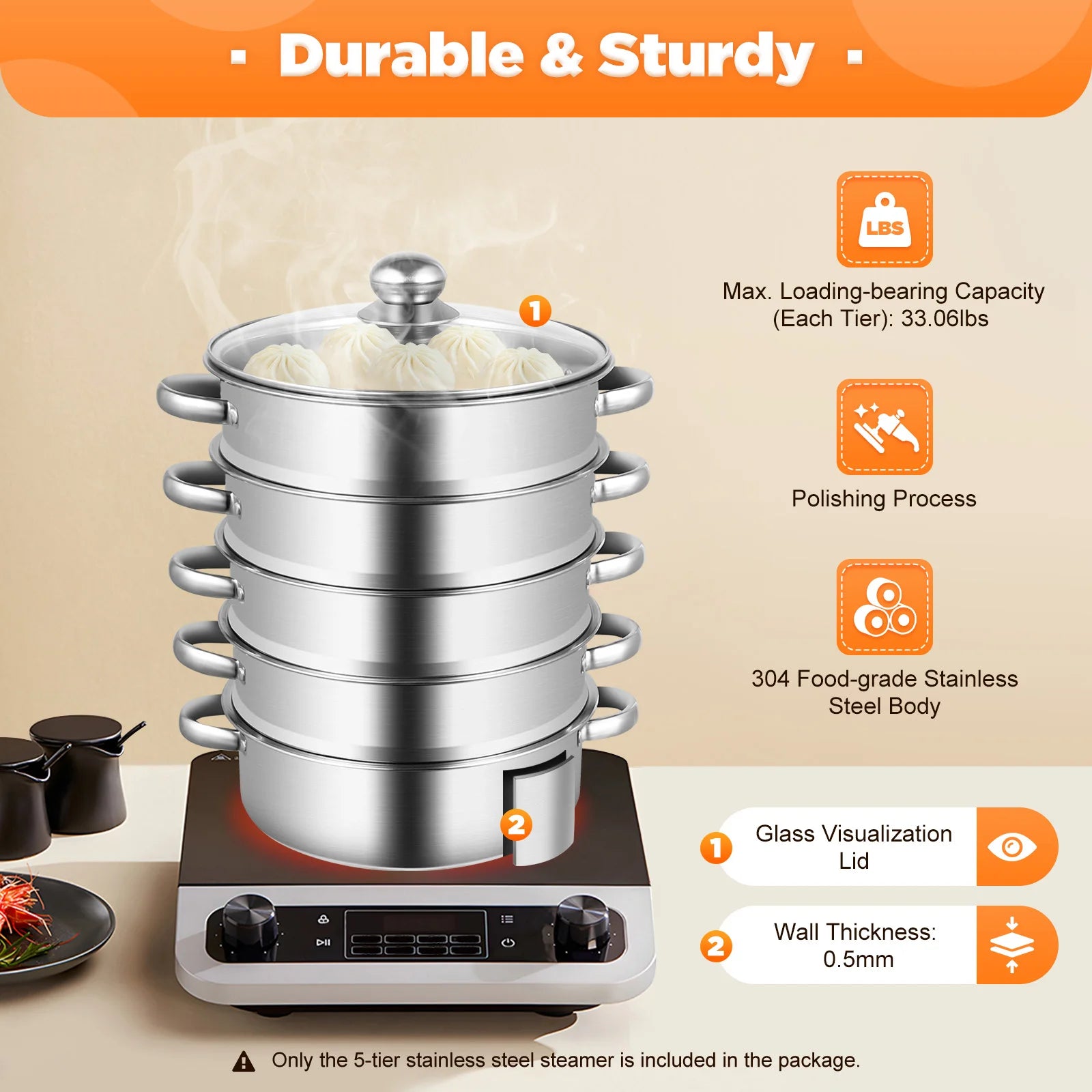 5-Layer Steamer 26cm/28cm/30cm Steam Cooker 304 Food-Grade Stainless Steel 4 Steaming Grids and 1 Cooking Pot W/ Glass Lid