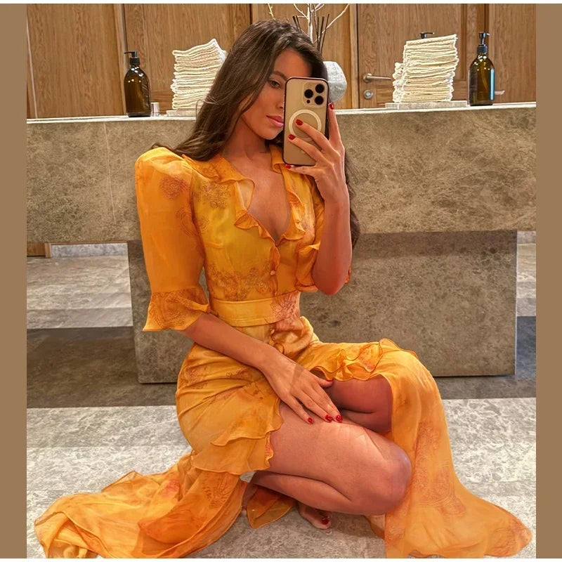Fashion Organza Floral Printed Maxi Dress V-Neck Puff Sleeve 2026 Spring/Summer Romantic Women Party Gown Elegant Lady Vestido