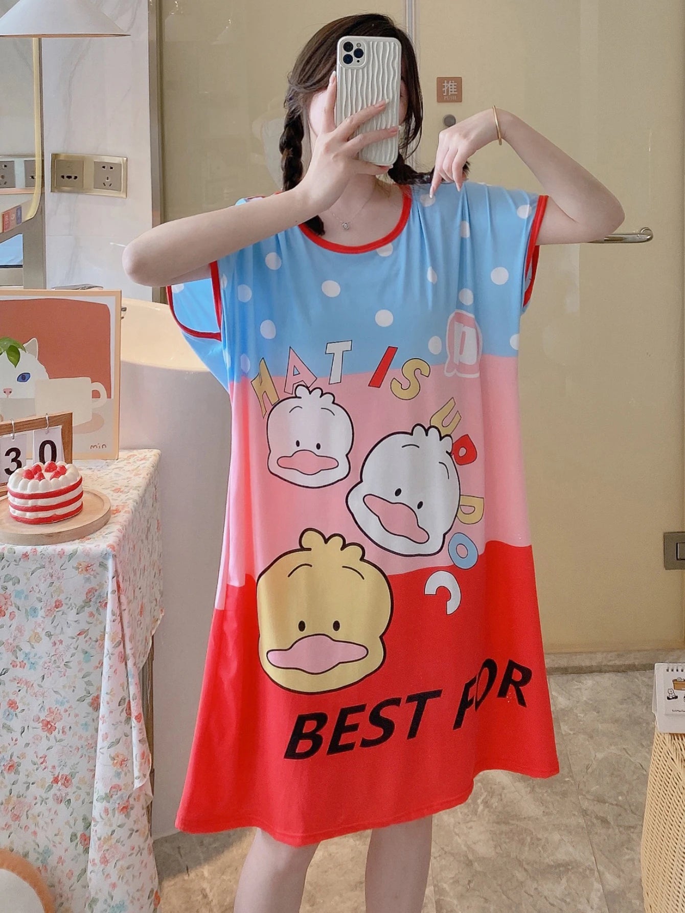 1PC, Summer And Autumn Cool Cute Girls Cartoon Nightdress, Comfortable Short-sleeved Dress, Women's Home Wear, Polyester Pajama