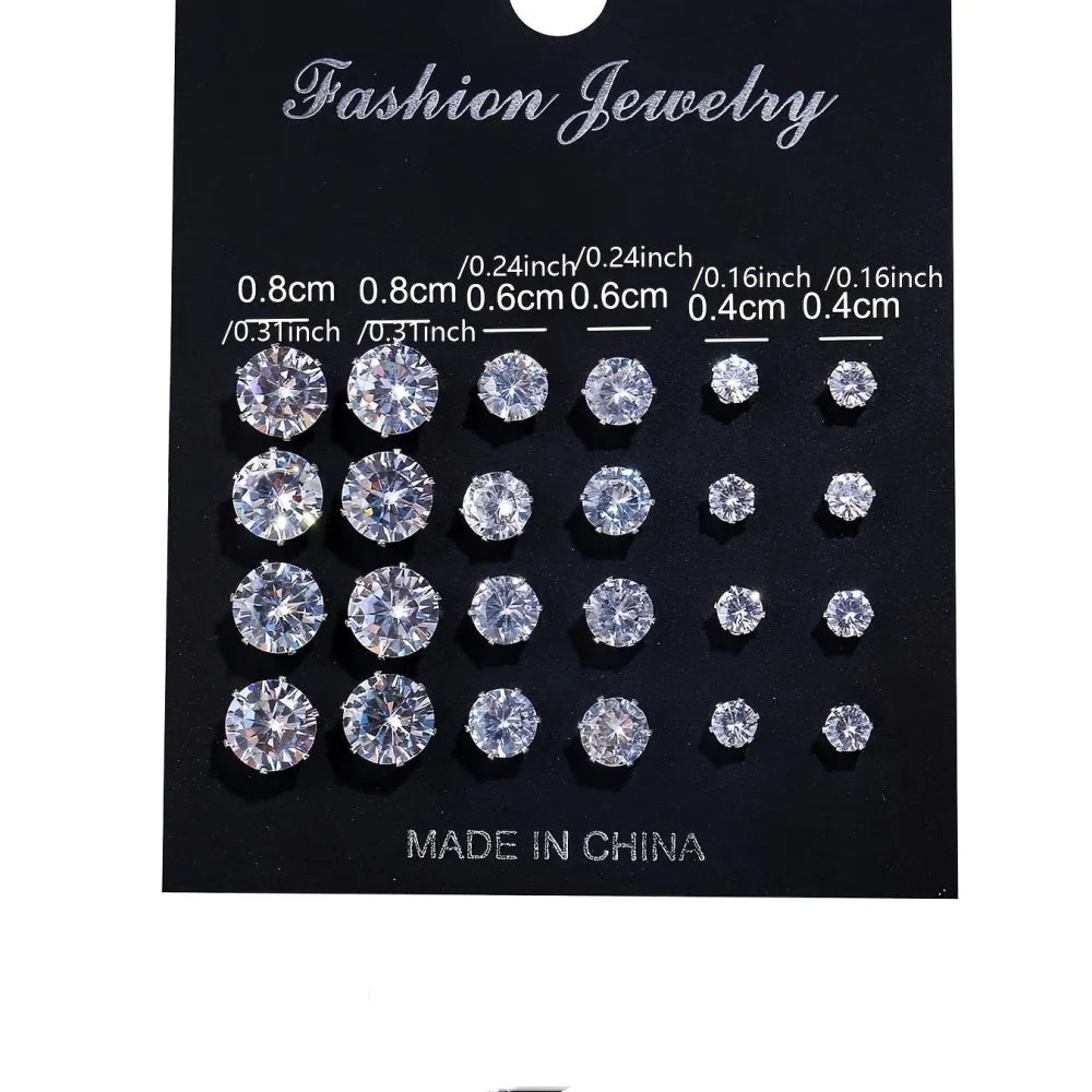12 Pairs Set Stainless Steel Silver Color CZ Stud Earrings with Gemstone Buds Round Earrings Jewelry Accessories Unisex
