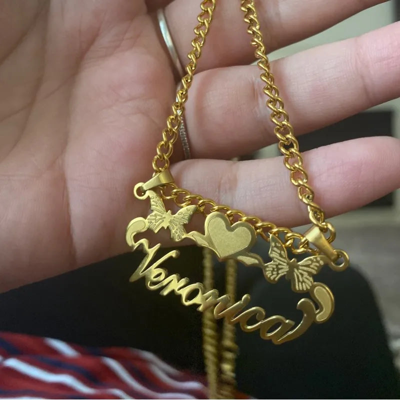 Custom Removable Cartoon Character Name Pendant Gold Color Stainless Steel Heart Nameplate Necklaces For Women Girl Kids
