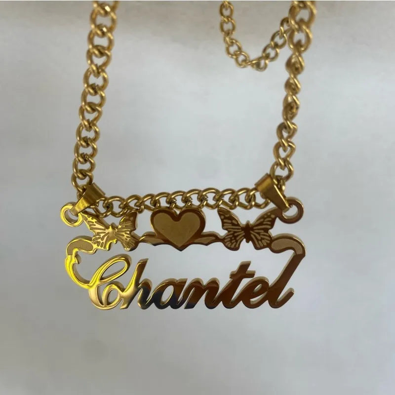 Custom Removable Cartoon Character Name Pendant Gold Color Stainless Steel Heart Nameplate Necklaces For Women Girl Kids