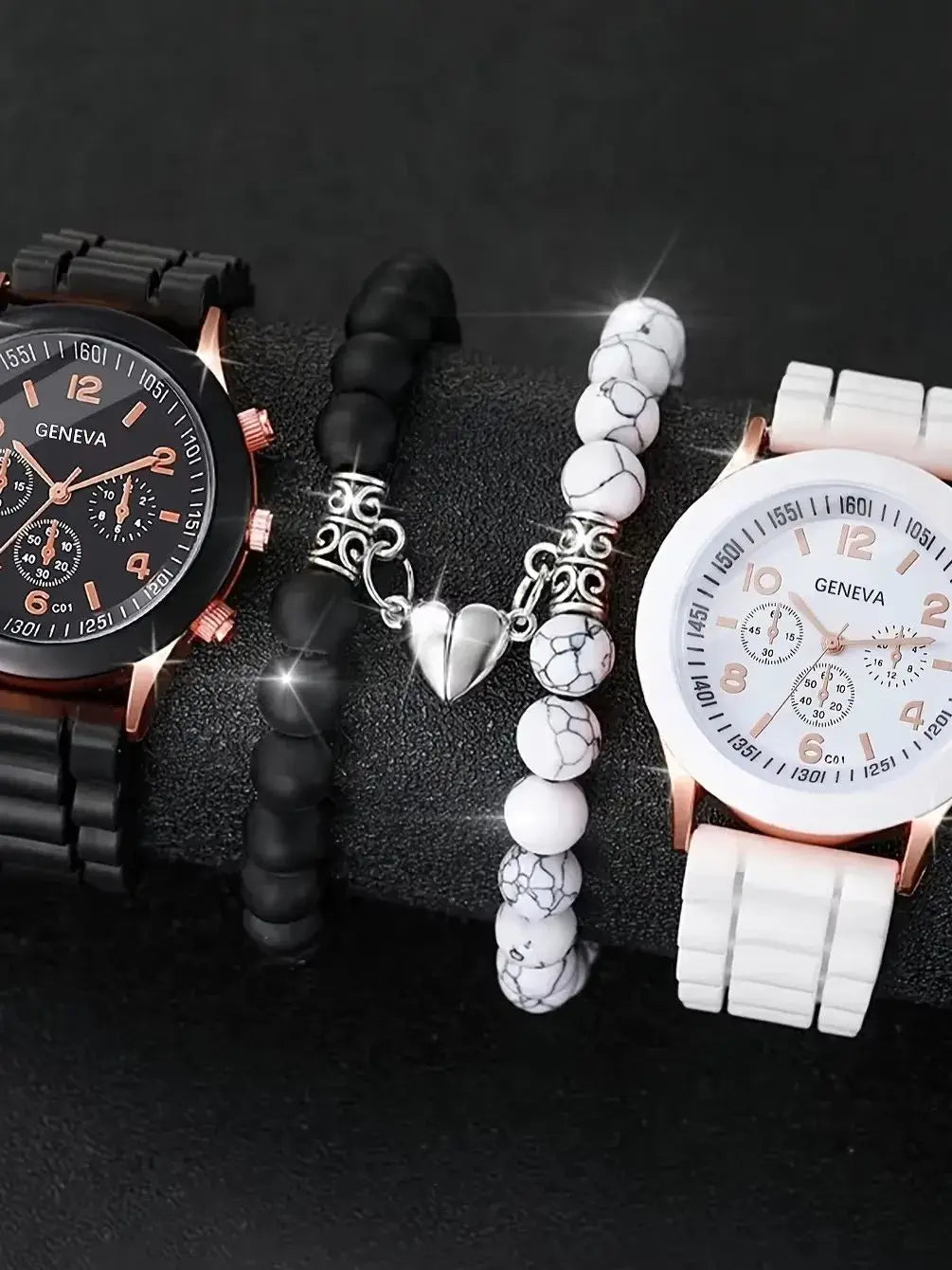 4pcs Fashionable, Minimalist, and Versatile Men AND WOMEN'S Couple Watch Pairing with Love Bead Bracelet Set