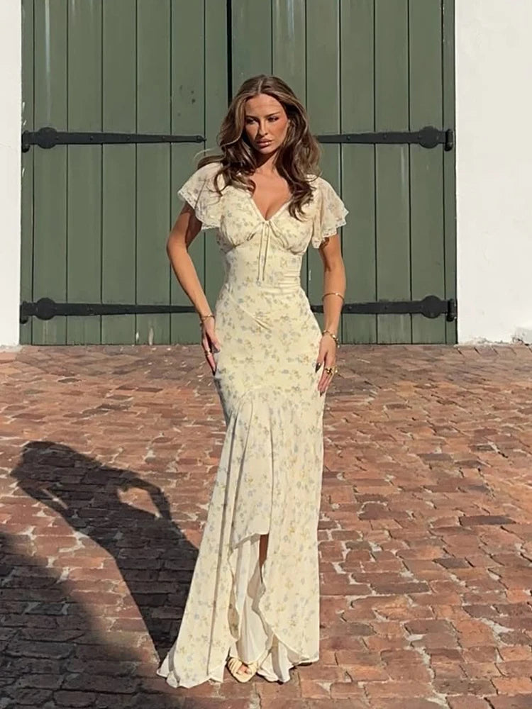 Fashion Organza Floral Printed Maxi Dress V-Neck Puff Sleeve 2026 Spring/Summer Romantic Women Party Gown Elegant Lady Vestido