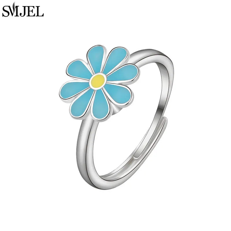 Ethnic Fashion Daisy Flower Anxiety Ring Adjustable Women Girls Worry Stress Relief Jewelry Spinning Fidget Rings Party Gifts