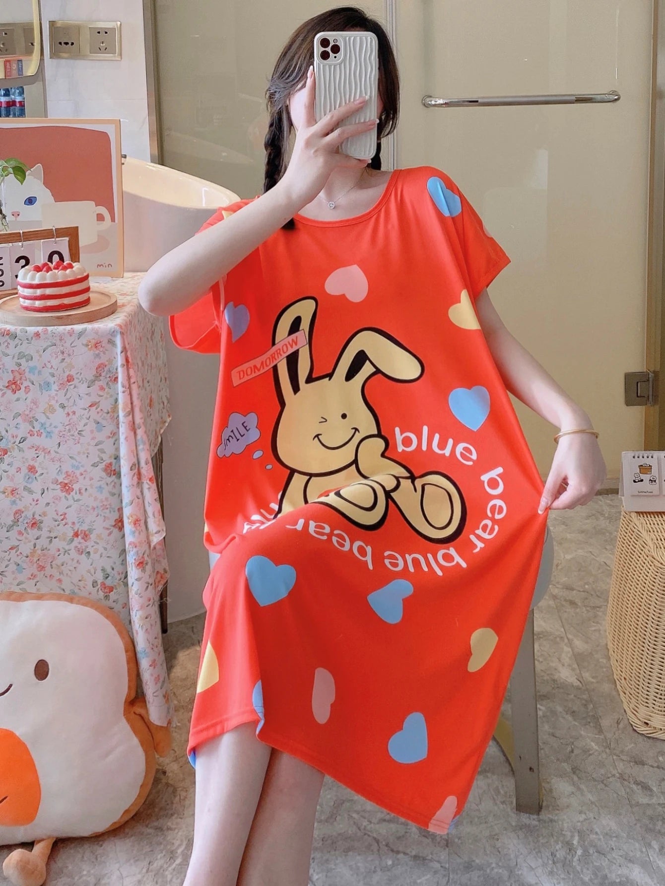 1PC, Summer And Autumn Cool Cute Girls Cartoon Nightdress, Comfortable Short-sleeved Dress, Women's Home Wear, Polyester Pajama