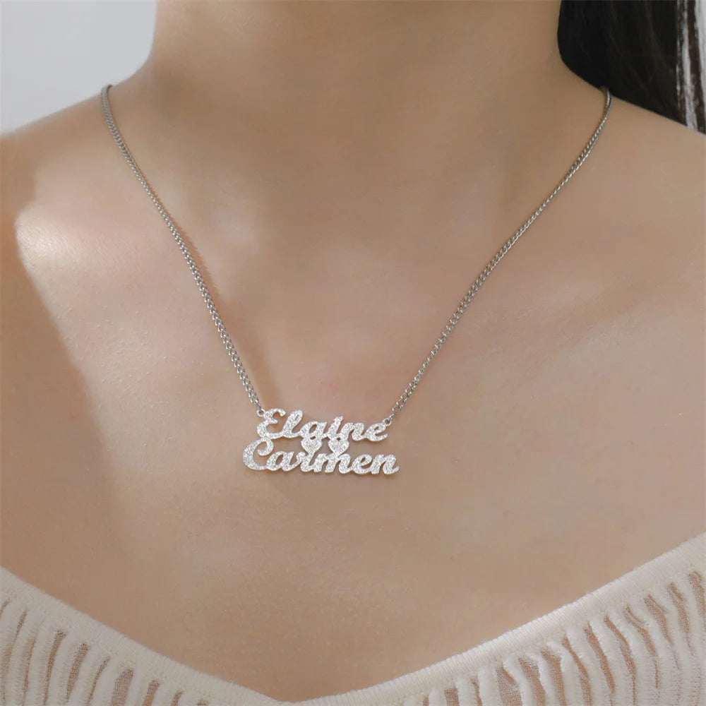 My Shape Custom Name Sparkling Necklaces Stainless Steel Customized Bling Frosted Pendants Personalized Name Chain Jewelry Gifts