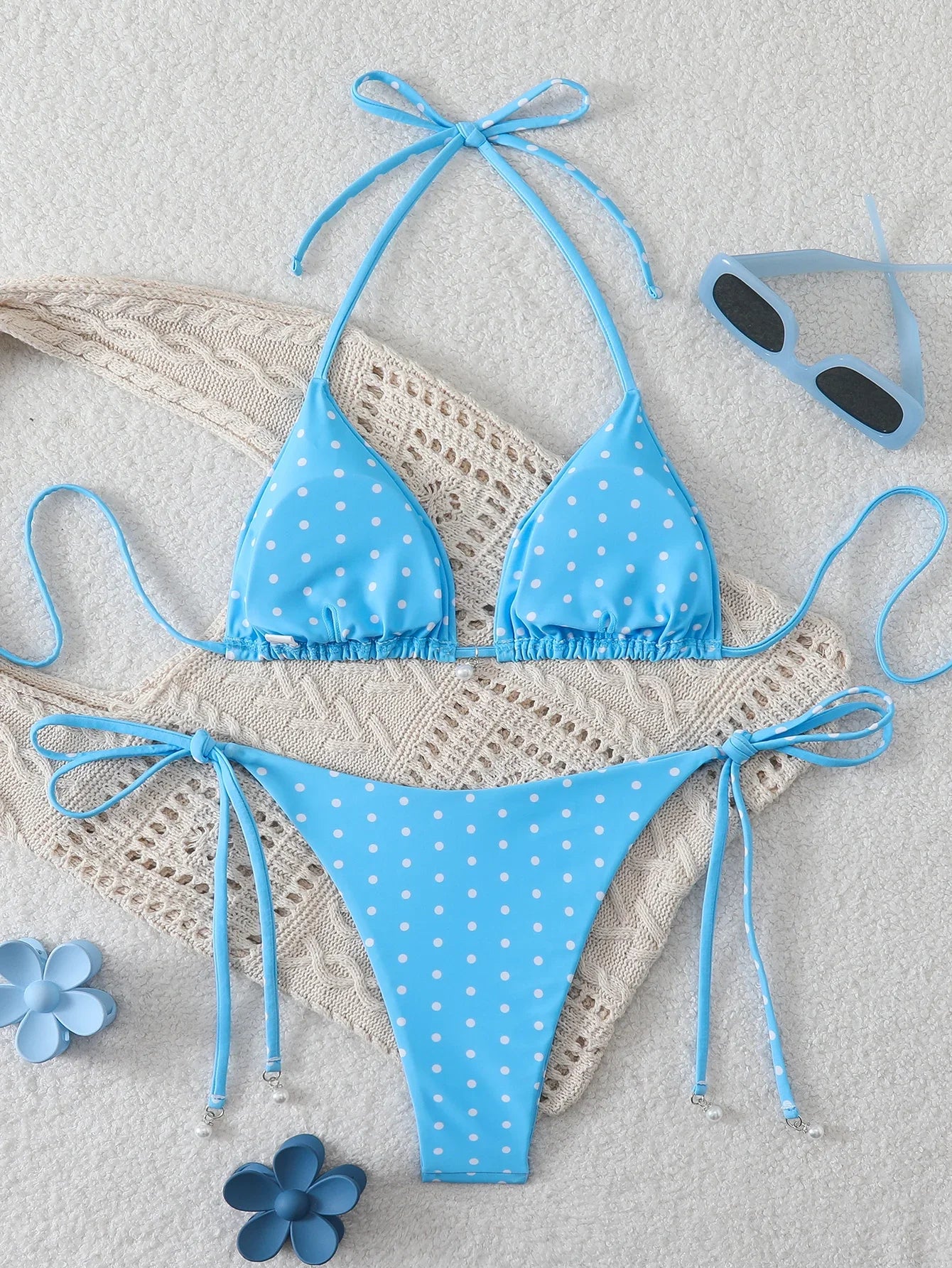 Women's Sexy Polka Dot Halter Bikini Set Lace-Up Low Waist Two-Piece Triangle Thong Swimwear Tie On Side Brazilian Biquinis