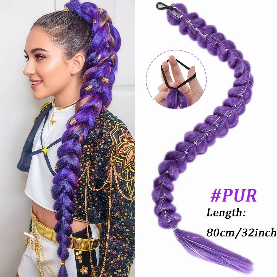 28inch Synthetic Hair Long Braided Purple Hair Ponytail Extensions Rumi Hairstyle Claw Clip Hair Wig for Kids for Chritmas Party