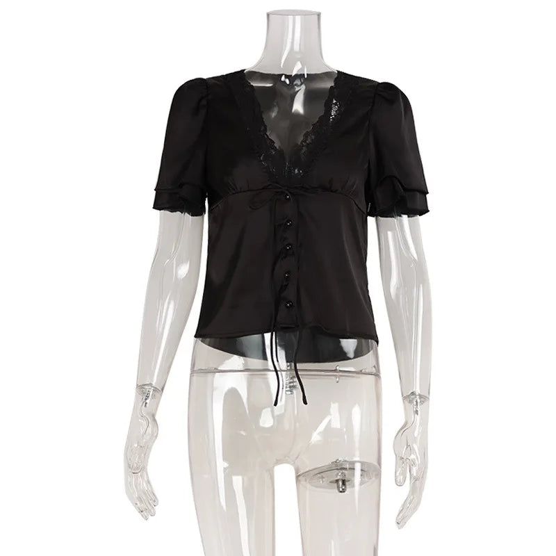 Women Solid Lace Tops V-Neck Short Sleeves Satin Slim Regular Streetwear Tees Female Summer Pure Desire Hot Girl T Shirts 2026