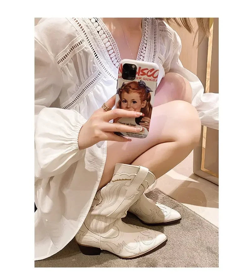 Vintage Square Head Thick Heel Cowboy Boot for Women Embroidered Western Cowboy Boots Side Zipper Shoes Autumn Pointed Boots