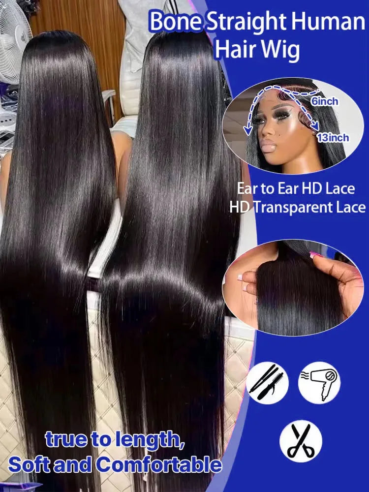 Smooth Silky Long Straight Glueless Full Lace Front Human Hair Wigs For Women Cambodian Raw Virgin 13x4 13x6 Hd Bone Straight Transparent Lace Front Wig Human Hair 40 42 Inch 300 Density Silky Straight HD Lace Frontal Wig Pre